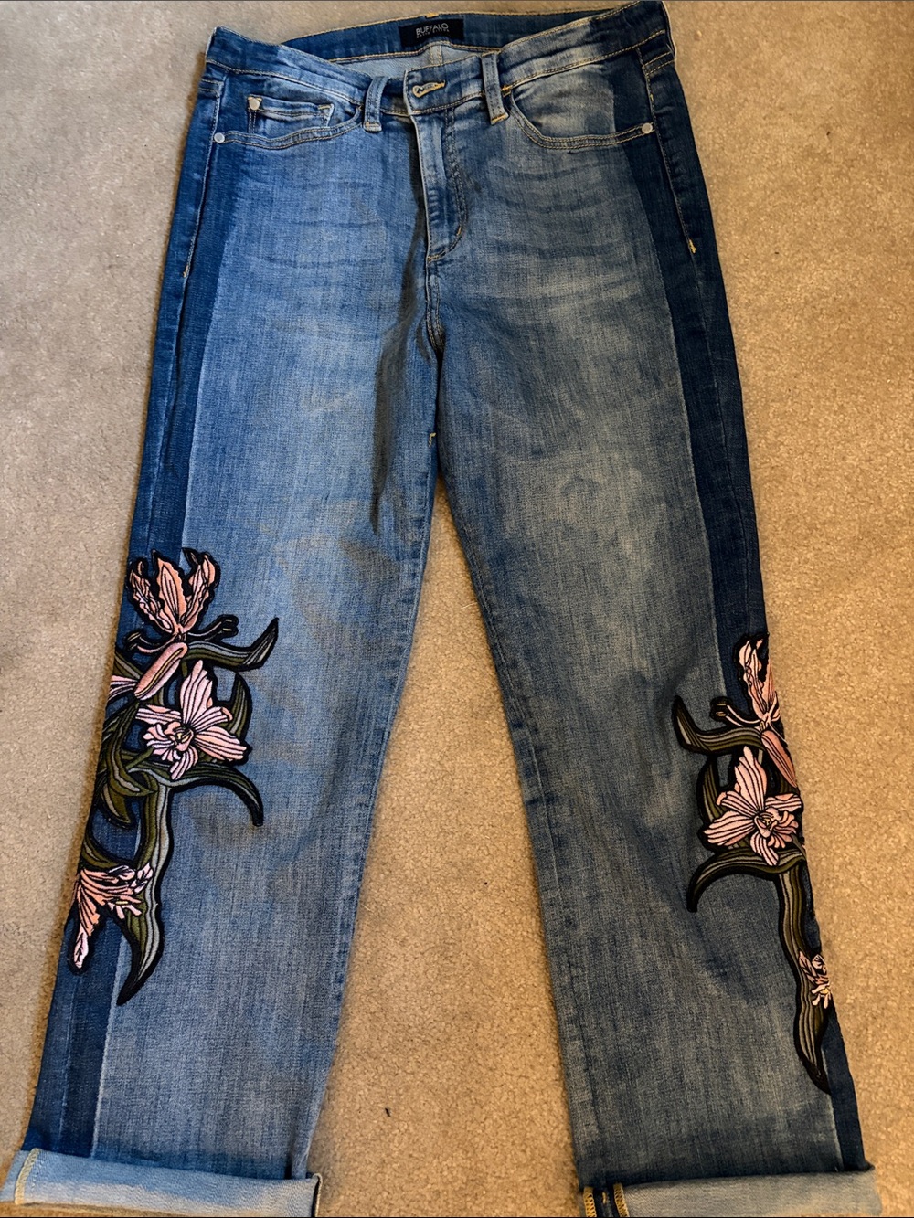 0019-Buffalo David Bitton Blue Jeans with Pink Floral Embroidery